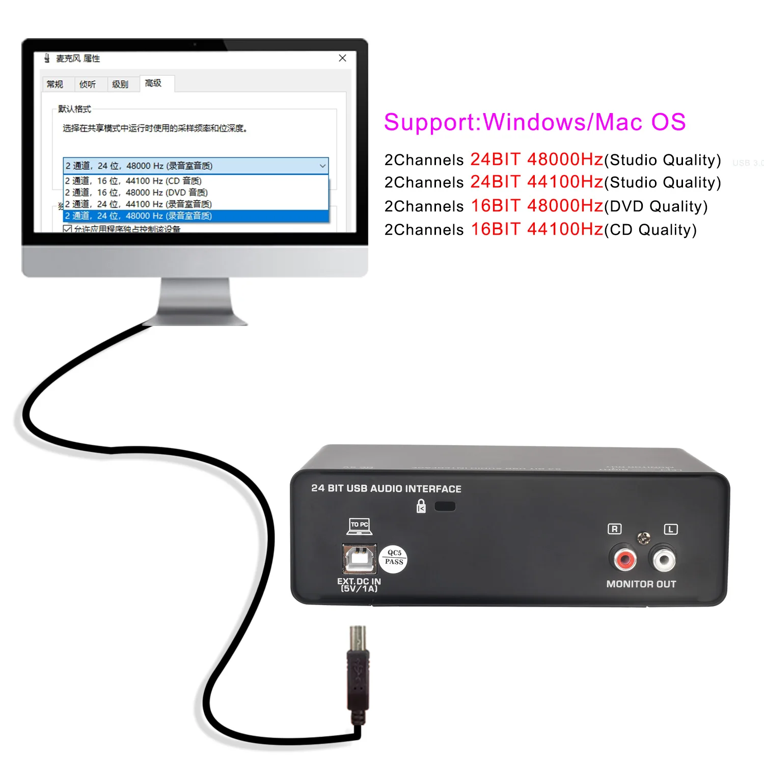 FREEBOSS External Usb Sound Card XLR Input DIR Monitor PC Recording Audio Interface Podcast ASIO4ALL for Studio Guitar UC26