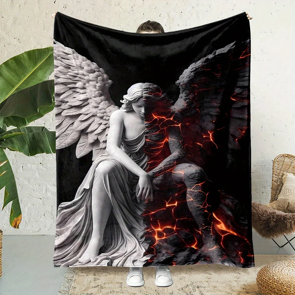 Dark Gothic Angel Devil Crack Lava Pattern Flannel Blanket Warm Cozy Printed Throw Blanket for Living Room Bedroom Travel