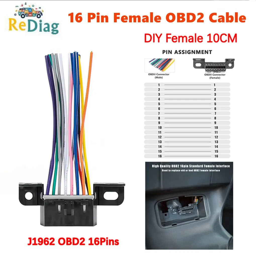 

Универсальный 16-контактный разъем OBD2, разъем «гнездо-штырь» для поделок, 16-контактный адаптер с фиксированным жгутом, автомобильный диагностический инструмент