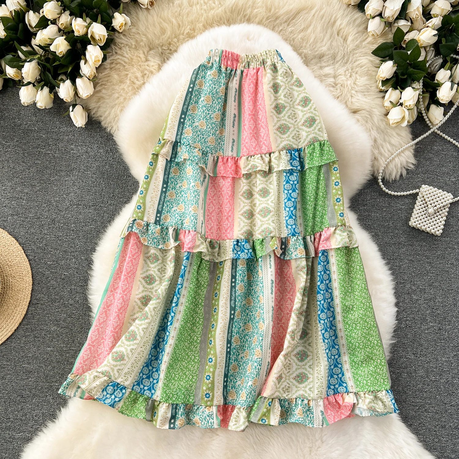 Tourism and Vacation Style Retro Print Color Block Skirt Women's Spring/Summer New Ruffle Edge Design Loose Casual Skirts