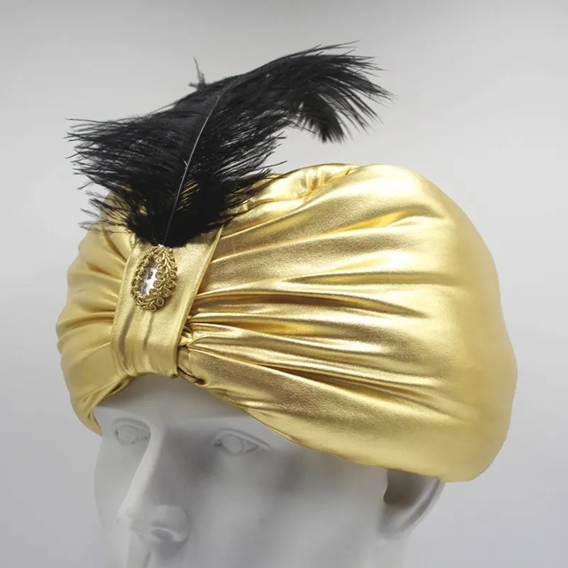 Decoración del festival de Halloween Sombrero indio Accesorios Bronceado Color brillante Sombrero de plumas étnicas Sombrero Baotou europeo y americano Sombrero de rendimiento divertido Pañuelo plisado árabe; Sombrero plisado indio; Ropa para la cabeza de