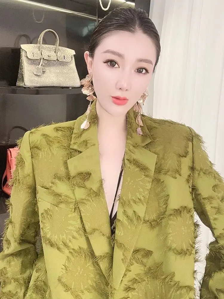 3-C3  2024 Summer Fashion New European Style Elegant Lady High-end Street-rockint Mambo Style Green Suit Jacket