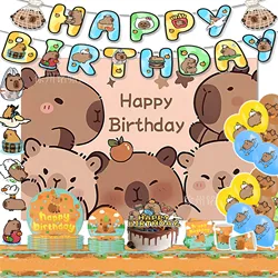 Hot capybara series Birthday zoon Party cutlery plate Disposable Banner Cake Topper Hanging Flag Balloon Set Birthday Decoration