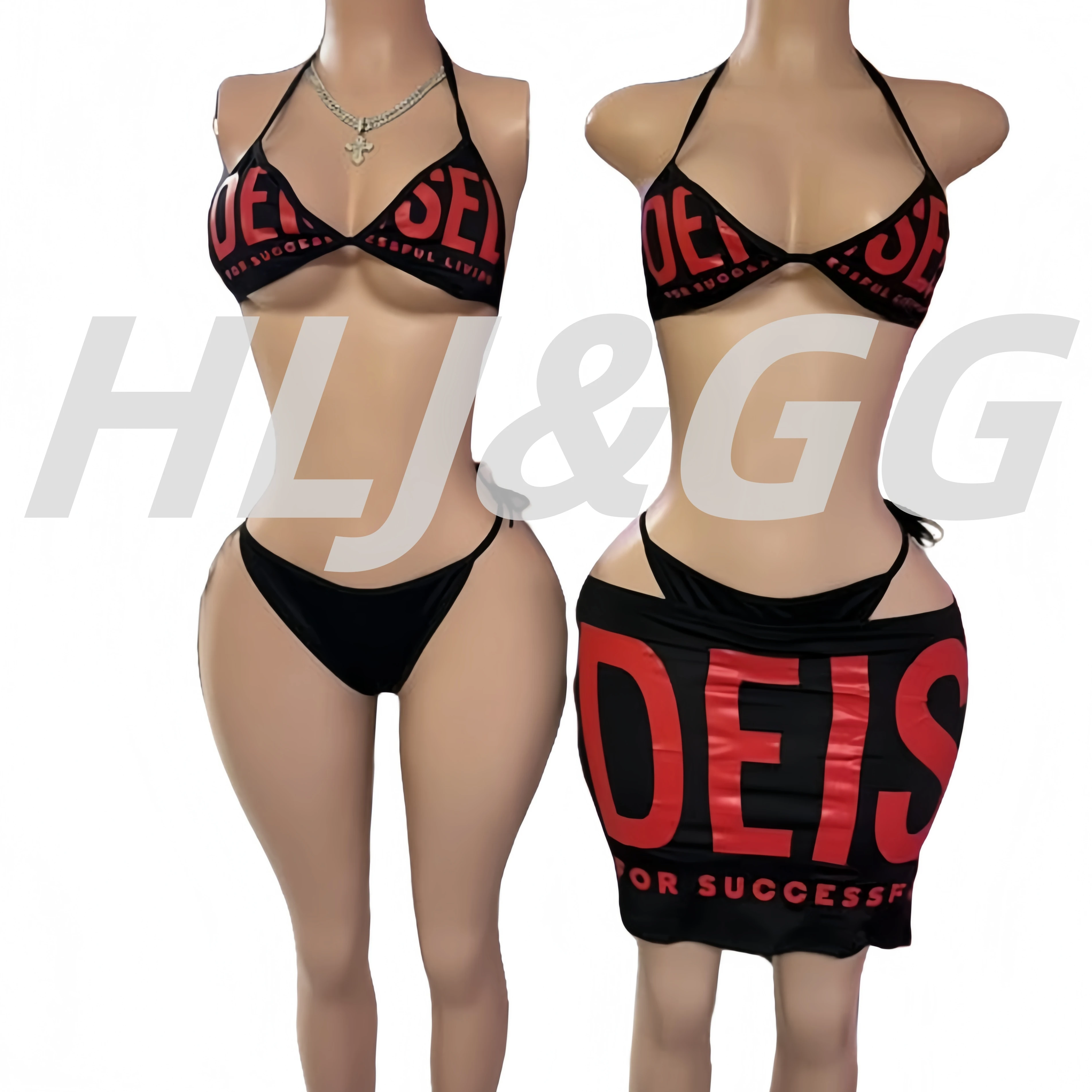 HLJ Sexy Beach Vacation Bikini 3 Piece Set Women Letter Printing Bra+Bandage Briefs+Skirts Summer New Swimsuit 3pcs Outfits 2025