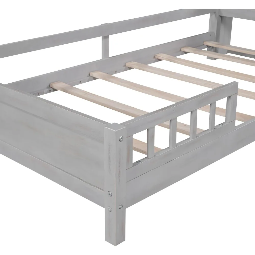 Estrutura de cama de madeira de tamanho duplo com iluminação LED, cama de plataforma moderna com cabeceira de armazenamento e trilho de segurança