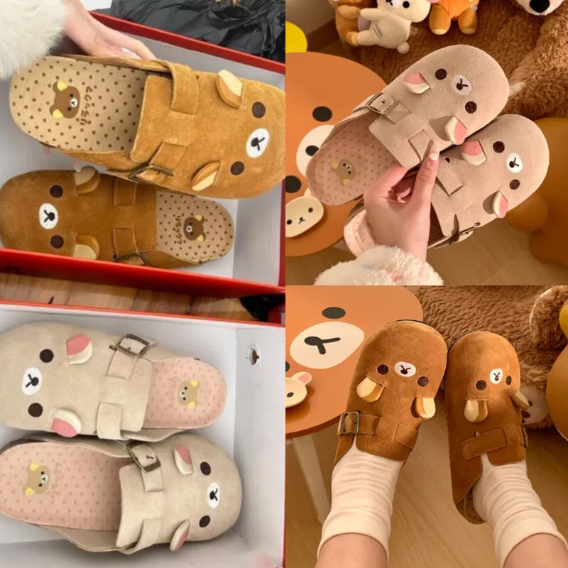 

Rilakkuma Slippers Y2K Kawaii Cartoon Anime Japan All Inclusive Cow Suede Indoor Home Flat Anti Slip Breathable Couple Slippers