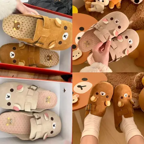 리락쿠마 슬리퍼 Y2K 카와이 만화 애니메이션 일본 모든 항목을 포함하는 암소 스웨이드 실내 홈 플랫 안티 슬립 통기성 커플 슬리퍼