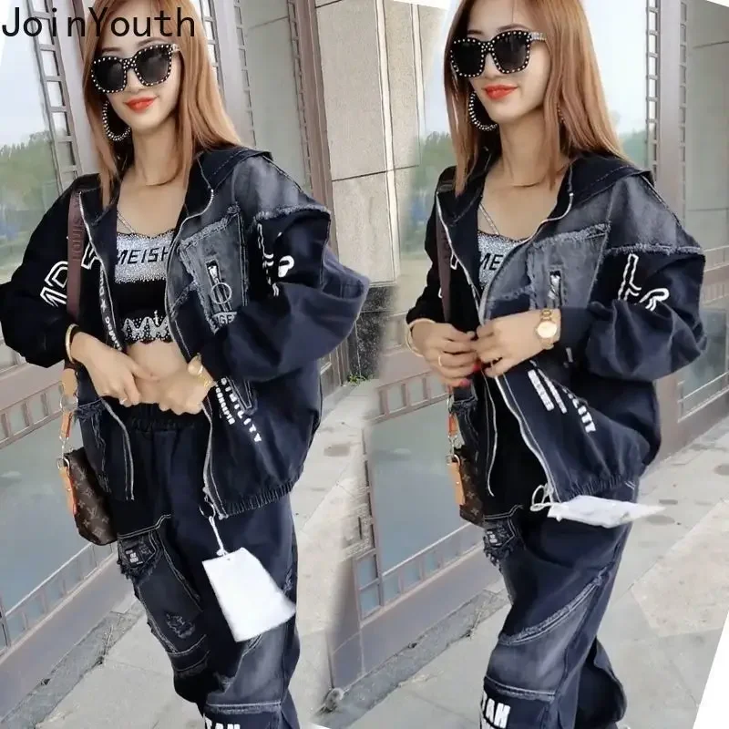 Women's 2 Piece Clothes Sets Fashion Jeans Denim Coat Clothes Oversized Hooded Jacket Pants Outfits Korean Women Two Piece Set