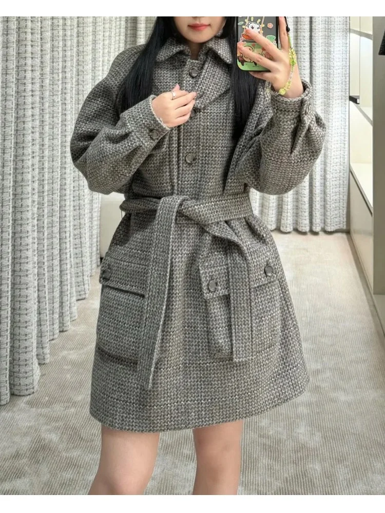 2024 Autumn Winter Fashion Women\'s High Quality Pockets Belt Gray Tweed Coat B934