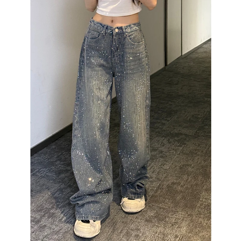 

PBAP женские блестящие мешковатые джинсы со стразами и карманами с высокой талией, потертые свободные прямые широкие брюки Y2k, винтажная уличная одежда