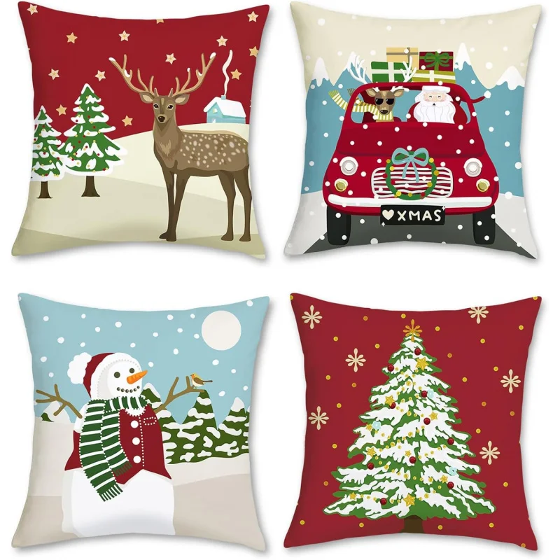 

Christmas Reindeer Pillow Covers 18 x 18 Inch Santa Claus Snowman Xmas Tree for Sofa Couch Winter Holiday Decor Set of 4