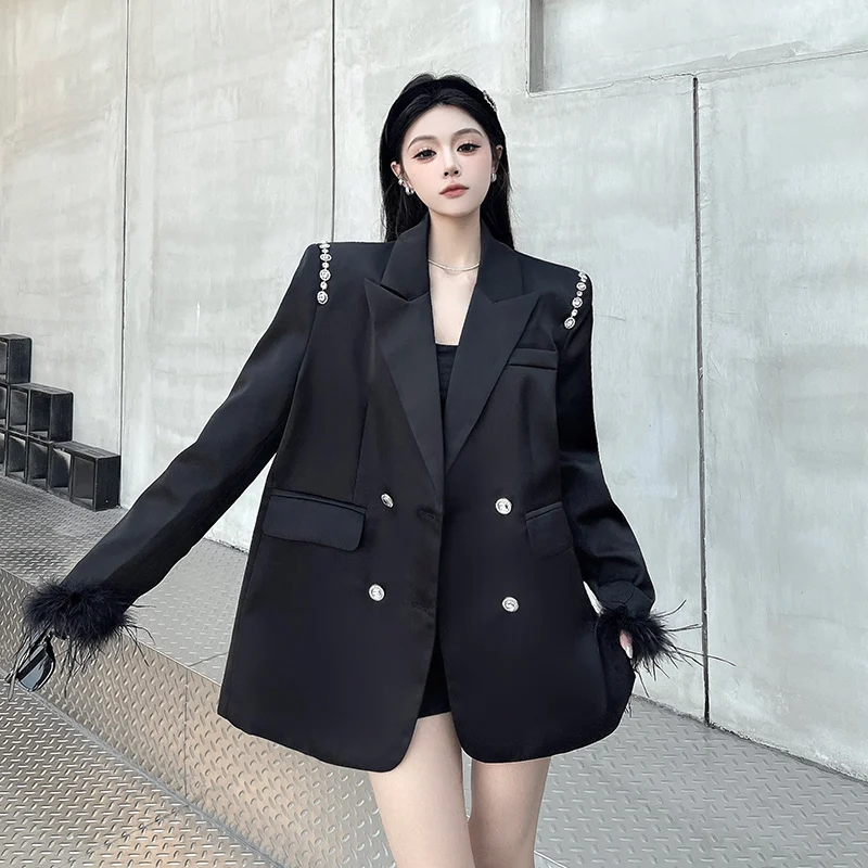 

SuperAen Feathers Long-sleeved Tassel Suits for Women Oversize Double-breasted Shoulder Pads Casual Blazer