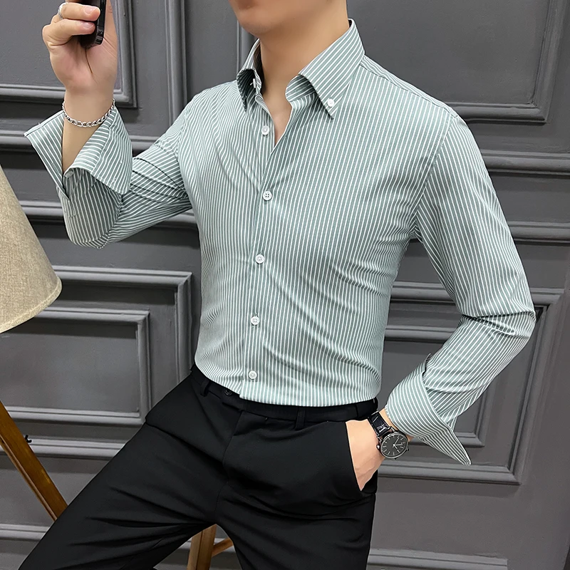 

2024 Spring New, Custom Fabric, French Large Collar Shirt, Men's Long Sleeve Striped Shirt,Gentleman Pinstripe Office Shirt