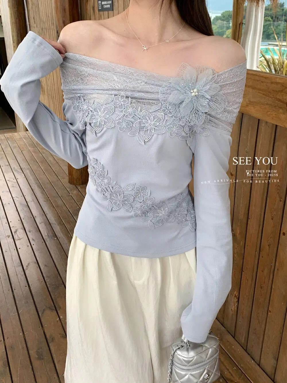 

Off Shoulder Lace Sweater Women - Floral Applique Knit Pullover, Y2K Sexy Layering Top, Minimalist Luxury Basic Blouse, Versatil