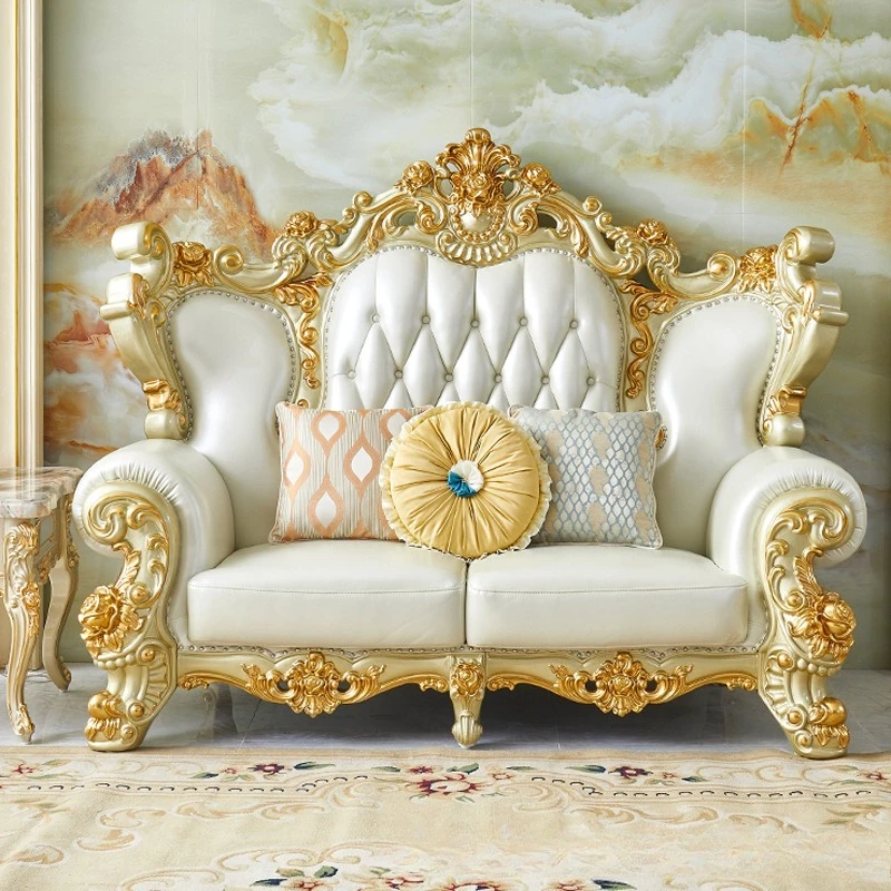 Wohnzimmer erste Schicht Rindsleder Sofa Kombination Massivholz doppelseitige Schnitzerei