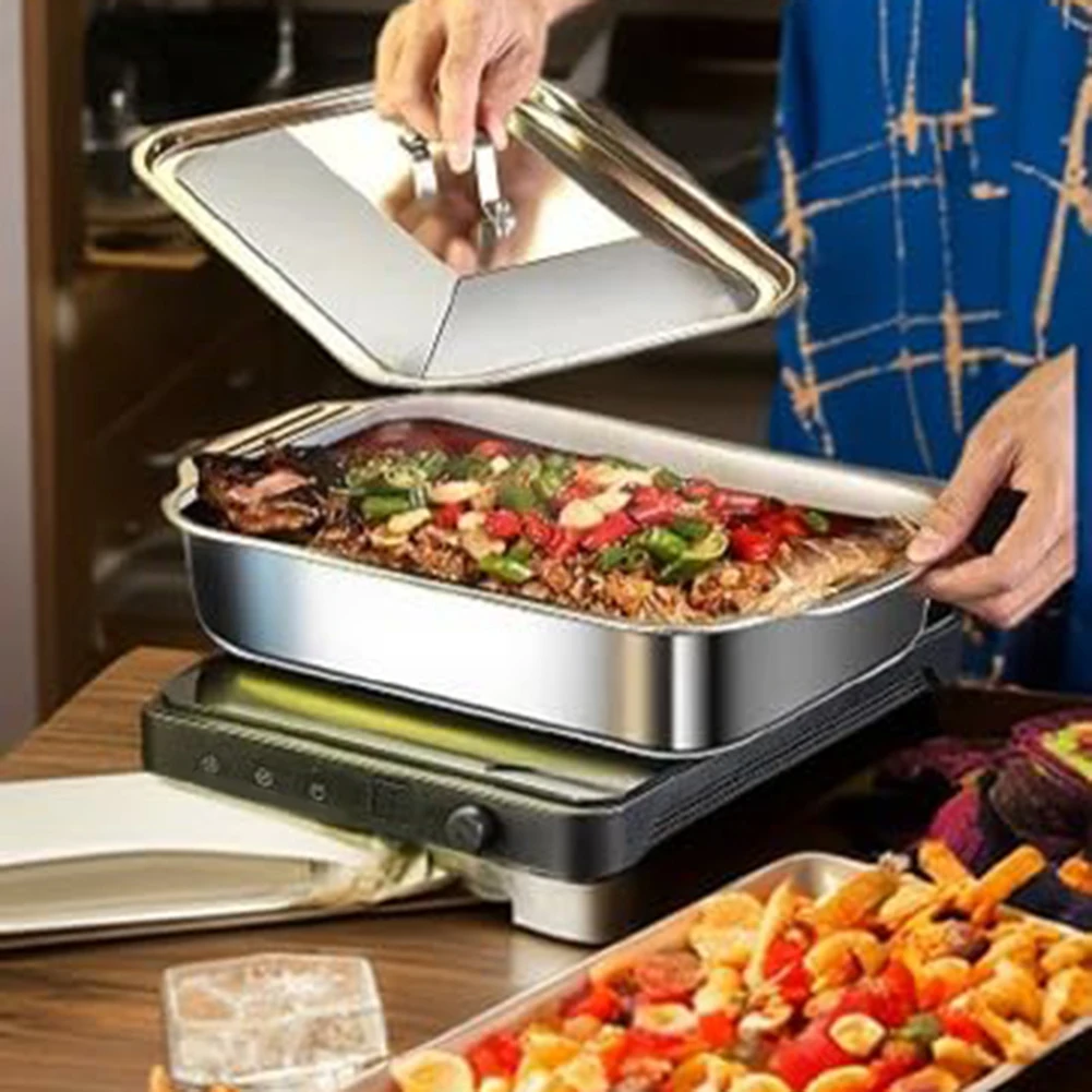 Stainless Steel Baking Pan Set With Lids Deep Dish For Fish/Pasta/Grilling Oven And Dishwasher Safe Cookware Multi-Functional