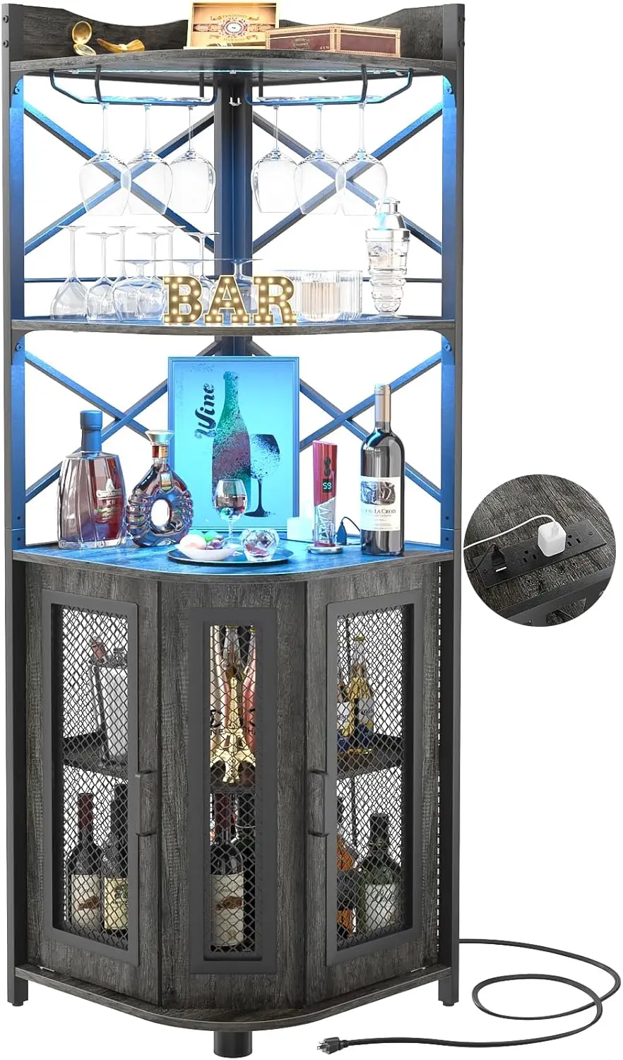 Power Outlet, Industrial Wine Cabinet with LED Strip and Glass Holder, 5-Tiers Liquor Cabinet B