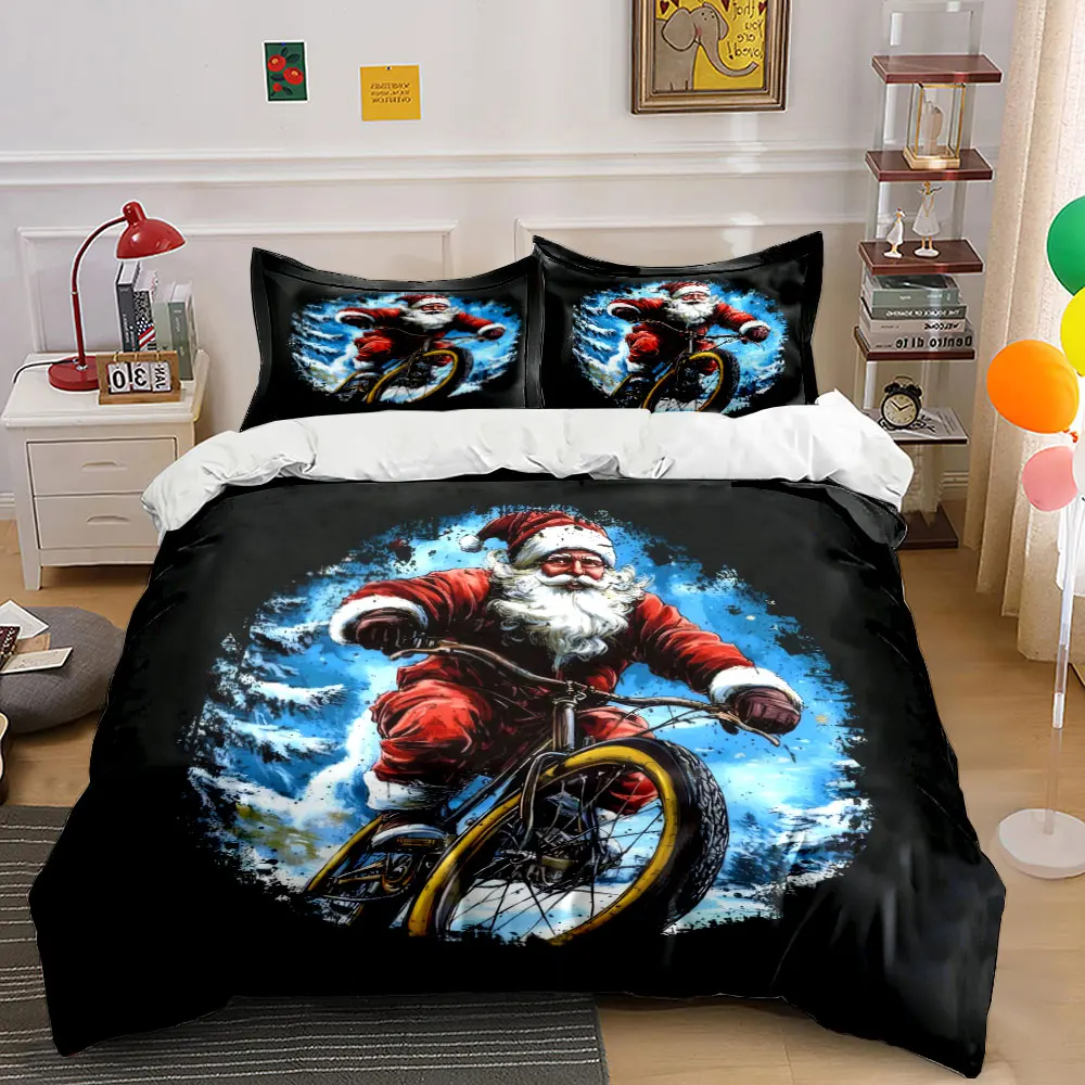 Santa Claus riding a bicycle through the snow Print Duvet Cover Bedding Set Included 1*Duvet Cover 2*Pillowcases