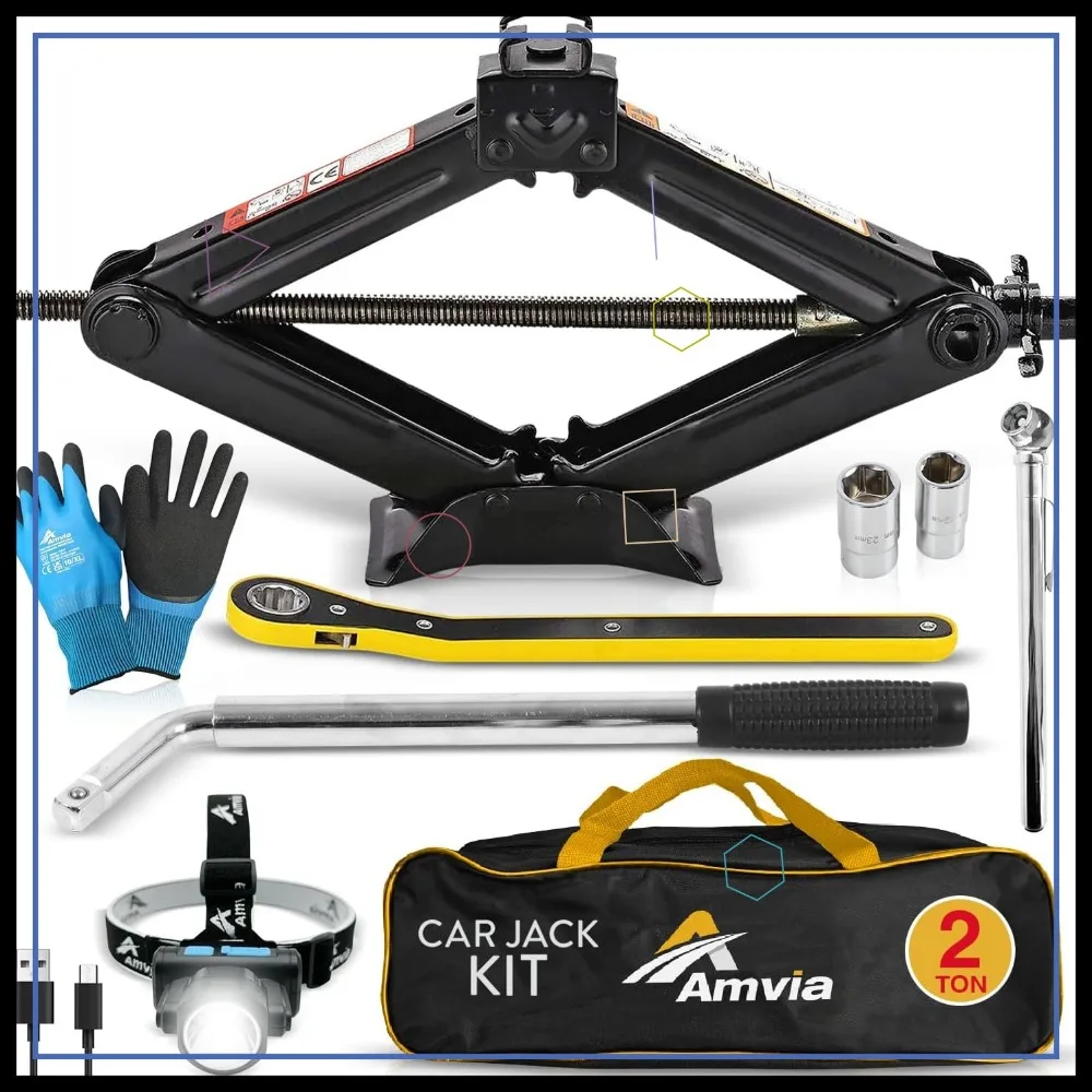 

2-тонный комплект ножничных домкратов с гаечным ключом, налобным фонарем и перчатками — универсальный для внедорожников, автомобилей, портативных сверхмощных устройств