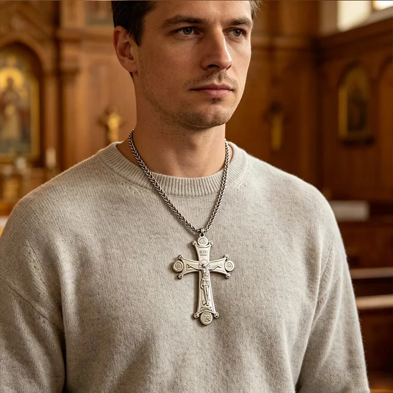 New Byzantine Orthodox Silver Crucifix Pendant Necklace Stainless Steel Jesus Christ Relief Golgotha Christian Religious Jewelry