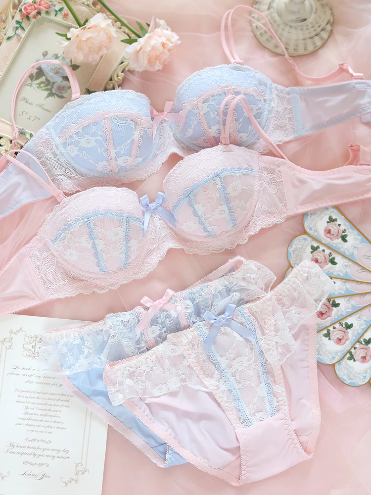 Japanese underwear cute lolita lace girl heart small fresh and thin bra set with steel ring gathered women plus size lingerie