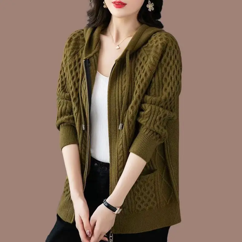 

Women's Autumn Winter Fashion Solid Color Hooded Zipper Jacquard Pocket Casual Versatile Long Sleeved Loose Knit Cardigan Tops