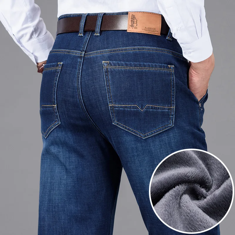 

Men's Classic Winter Warm Business Jeans Fashion Casual Denim Stretch Cotton Thick Fleece Denim Pants Male Long Trousers 28-40