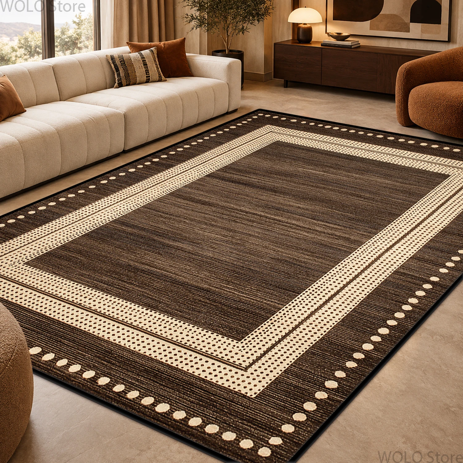Earthy Tone Geometric Border Office Large Size Carpet Stain Resistant Easy Clean Living Room Rug Soft Durable Bedroom Floor Mat