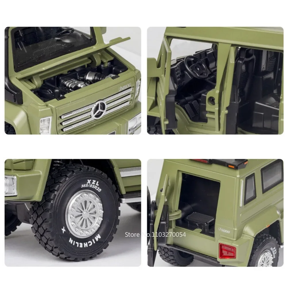 1:28 UNIMOG U5000 SUV X-Class 6X6 Giocattolo Modello di Auto Pressofuso In Lega di Veicoli Porte Aperta Suono Luce Tirare Indietro Oggetti Da Collezione Decorazione