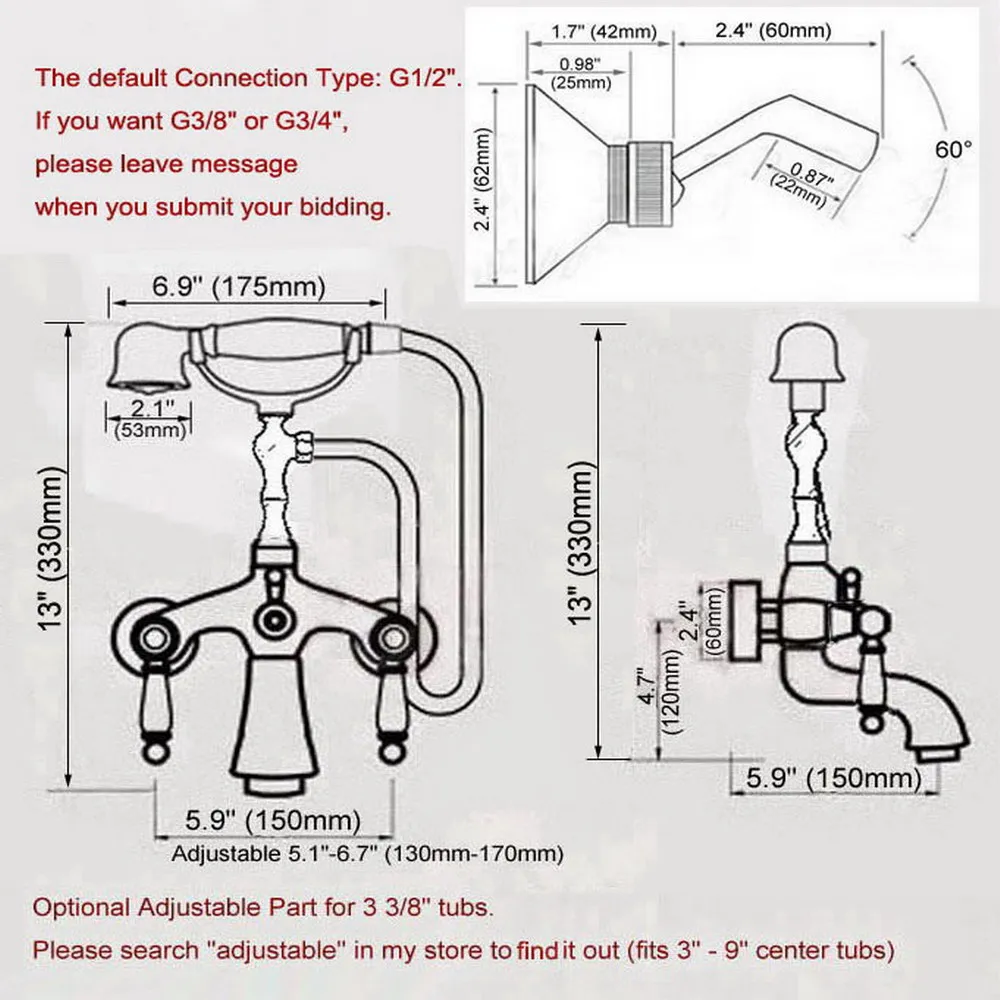 Luxury Golden Brass Double Handle Wall Mounted Bathroom Bath Tub Faucet Set with 1.5M Hand Held Shower Spray Mixer Tap 2na956