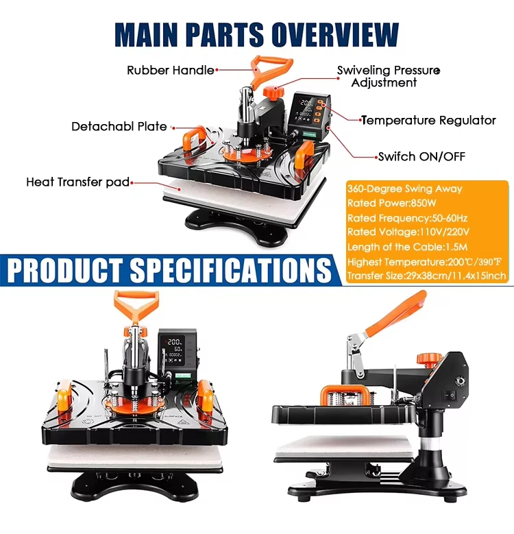 

P8100 Mini 8in1 Heat Press Machine 29*38cm Manual for T-shirt Cap Mug Garment & Combo Sublimation Logo Printing