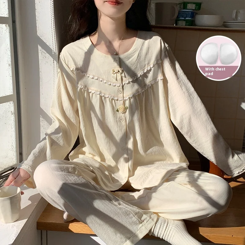 Spring and Autumn Pink Soft Women\'s Long Sleeve Pajamas Homewear Set with Chest Pad Teenage Students Sweet and Cute Homewear