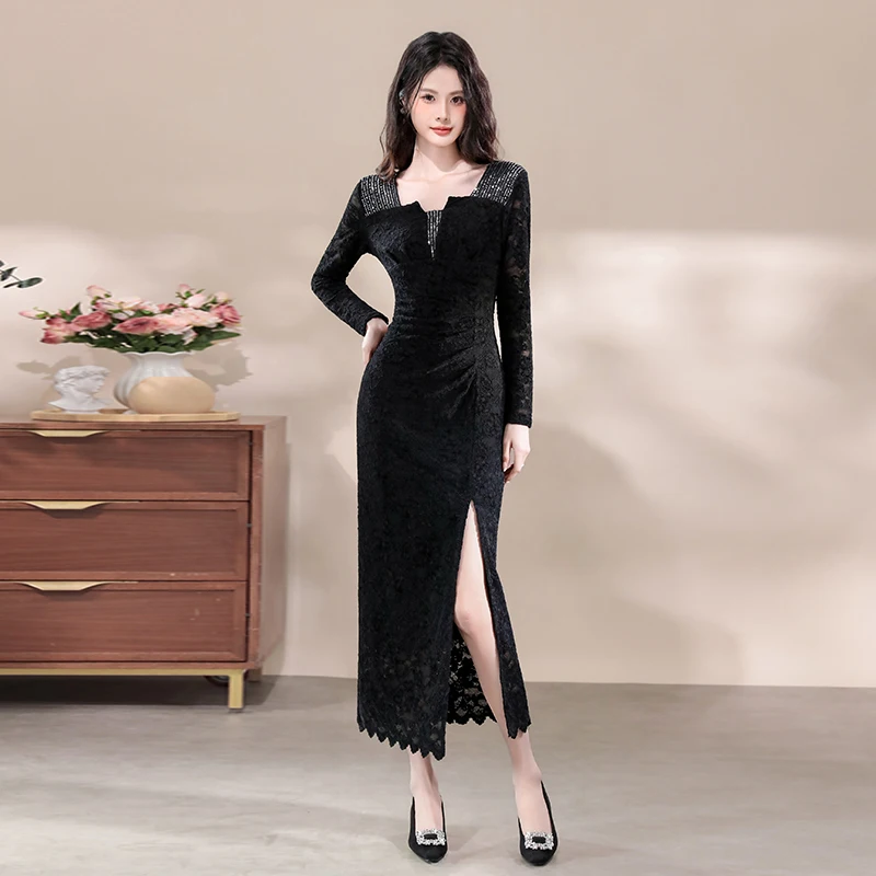 

Весеннее французское элитное шикарное элегантное вечернее платье, женское кружевное платье с квадратным вырезом и длинными рукавами со стразами, модное платье с разрезом спереди