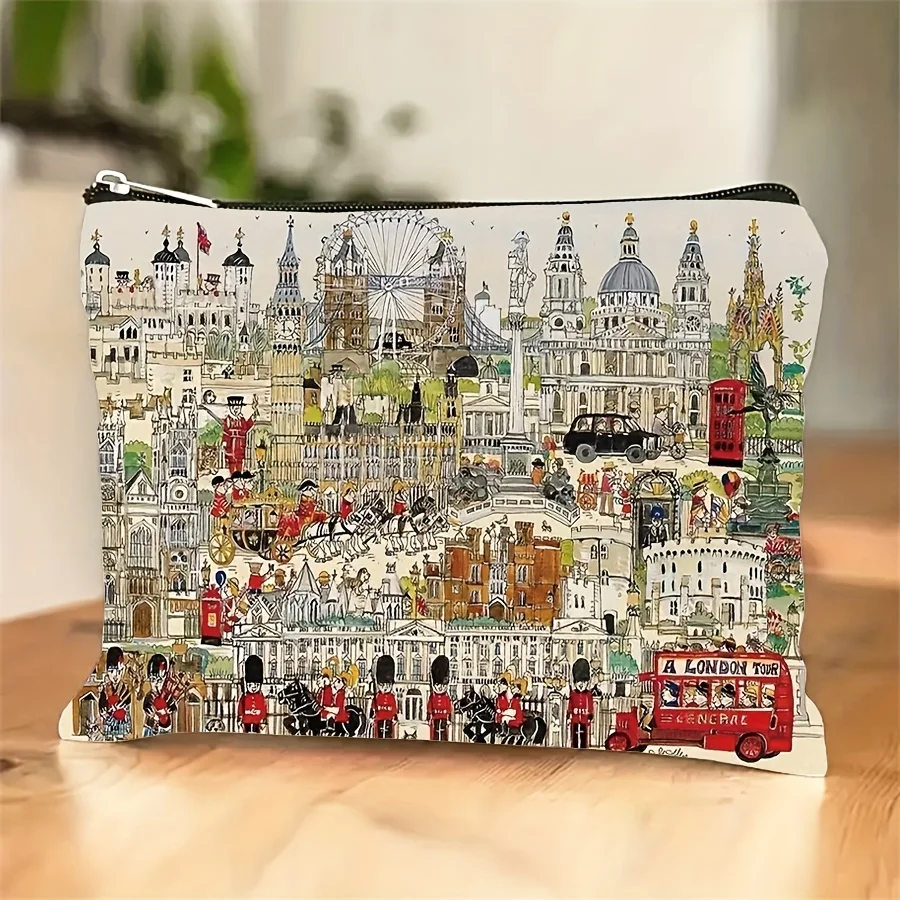 

1pc London-Themed Makeup Bag Compatible For Women - Cosmetic Organizer With Iconic London Landmarks ( Ben & London Eye) Lightwe
