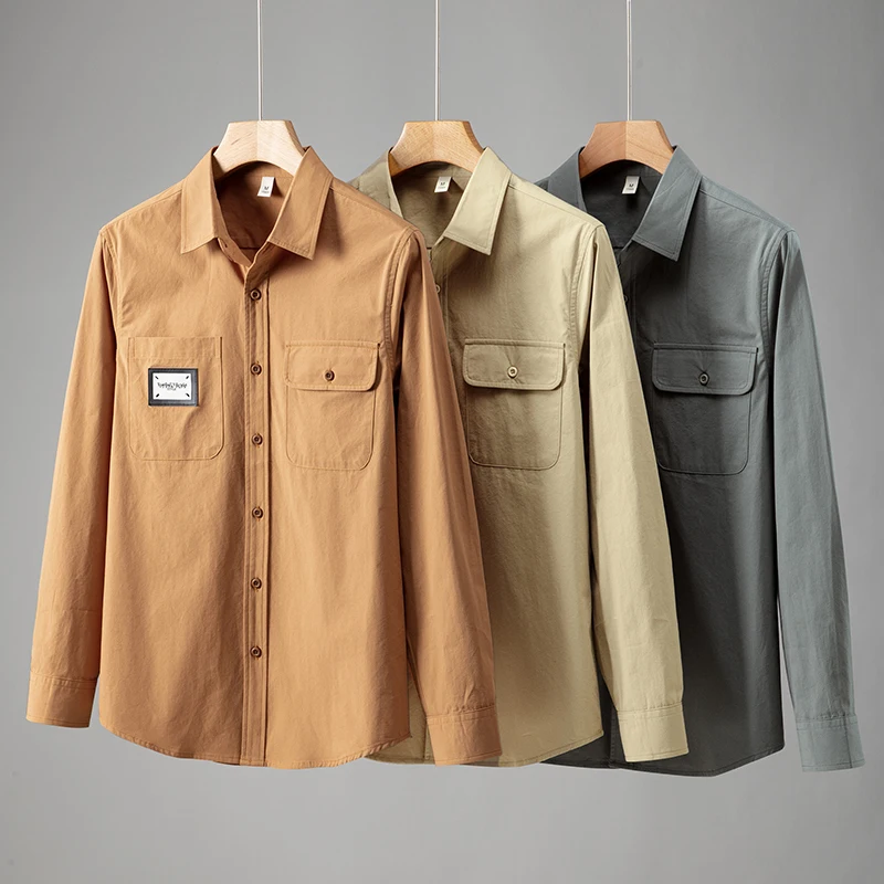 Exquisite Cotton 100% Natural Shirts For Men Long Sleeve Pockets Spring Quality Comfortable Fit Workwear Lapel Camisas De Hombre