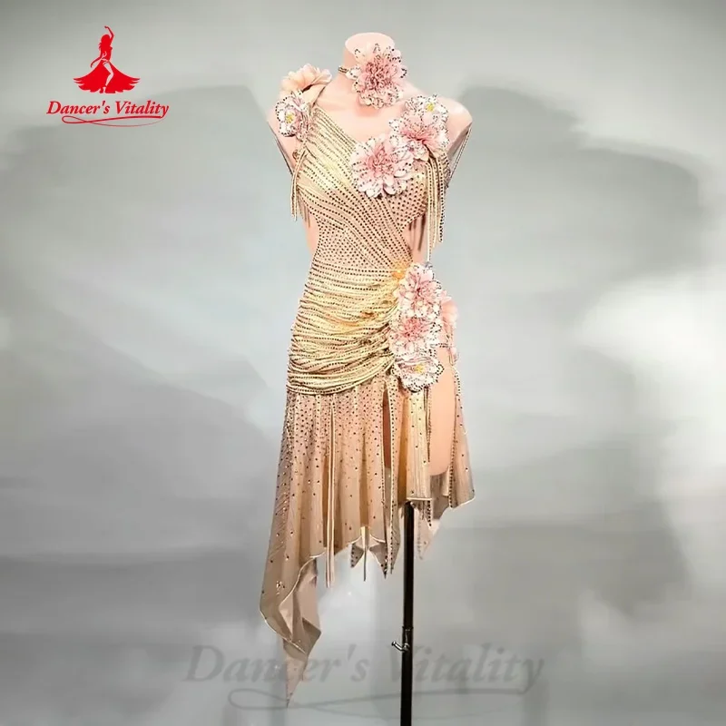 Latin Dancing Women's Customized Exquisite Flowers Sexy Backless Dress Girl Tango Chacha Samba Professional Performance Clothing