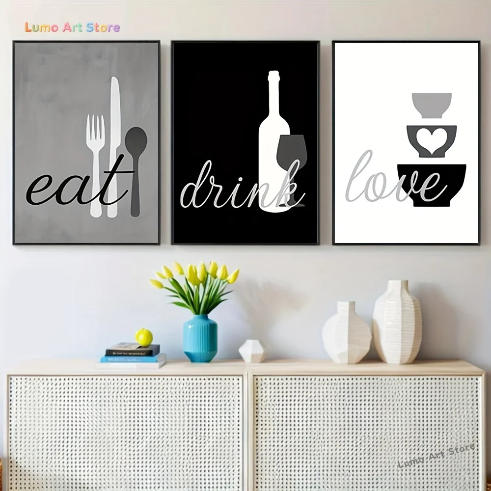 2D Flat, 3pcs Eat Drink Love Wall Art Prints - Modern Minimalist Black & White Kitchen Posters, Wine, Glass & Cutlery Food &