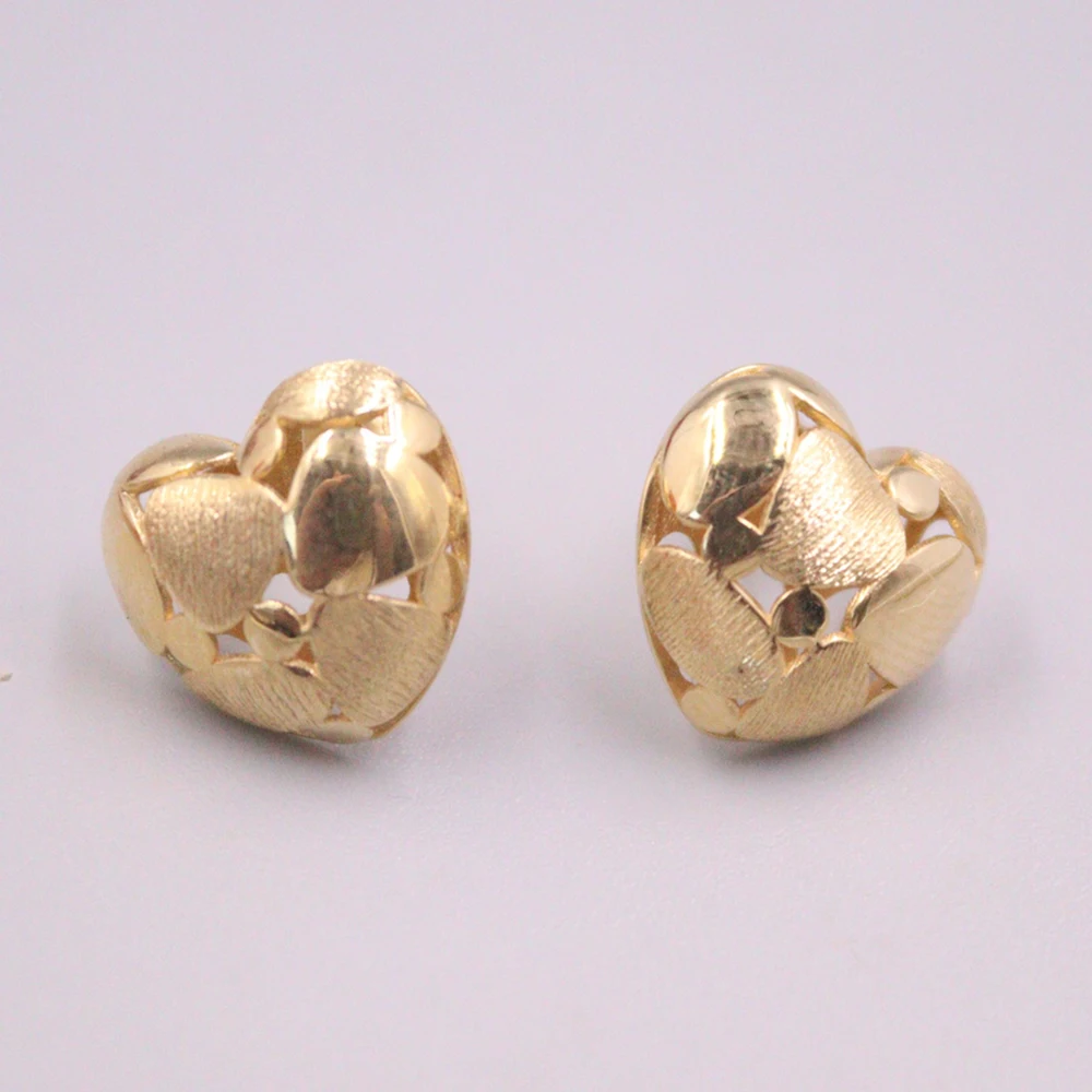 Real Pure 18K Yellow Gold Stud Women Gift Lucky Hollow Heart Earrings 2.78g