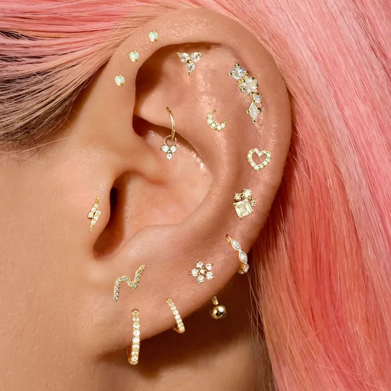 Kolczyk do uszu ze stali nierdzewnej Tragus Rook Helix Piercing dla kobiet Łańcuch Drop Zircon Kolczyk Serce Księżyc Błyskawica Biżuteria do uszu