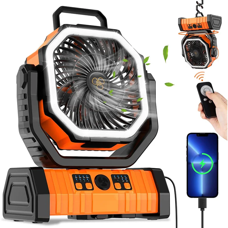 

Camping Portable Desk Fan with LED Light, Rechargeable Quiet Camping Fan, Battery Operated with Hanging Hook for Home Bedroom