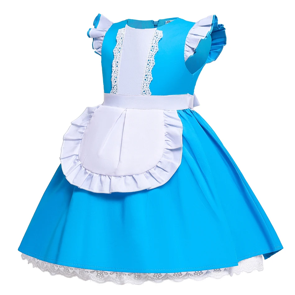 Girls Alice Costume Blue Puff Sleeve Tutu Dress with White Apron Perfect for Halloween Cosplay Themed Party Birthday Outfit