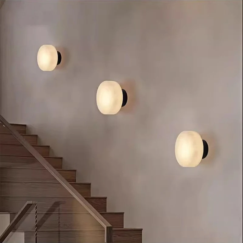 2026 Minimalist Black Gold Copper Alabaster Marble LED Wall Lamp Living Room Bedroom Kitchen Lighting Fixtures Sconce Natural St