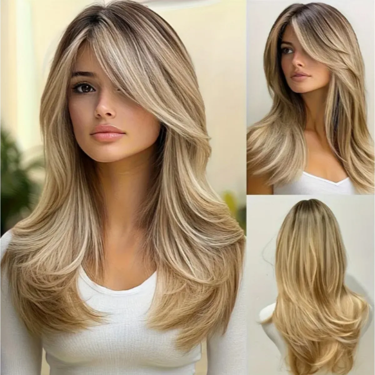 A 45M women's fashion medium eight-character bangs micro-curl eversion top dyeing light gold high temperature silk