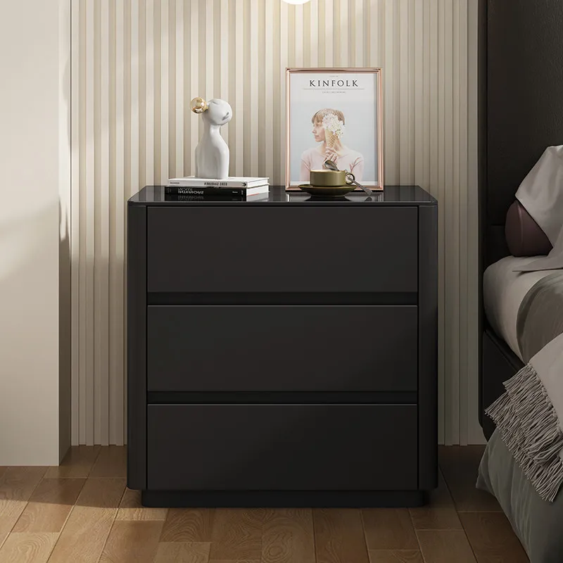 #Solid Wood Black Lacquered Three-Drawer Metal-Top Contemporary Luxury Eco-Friendly Durable Nightstand Premium Living Room
