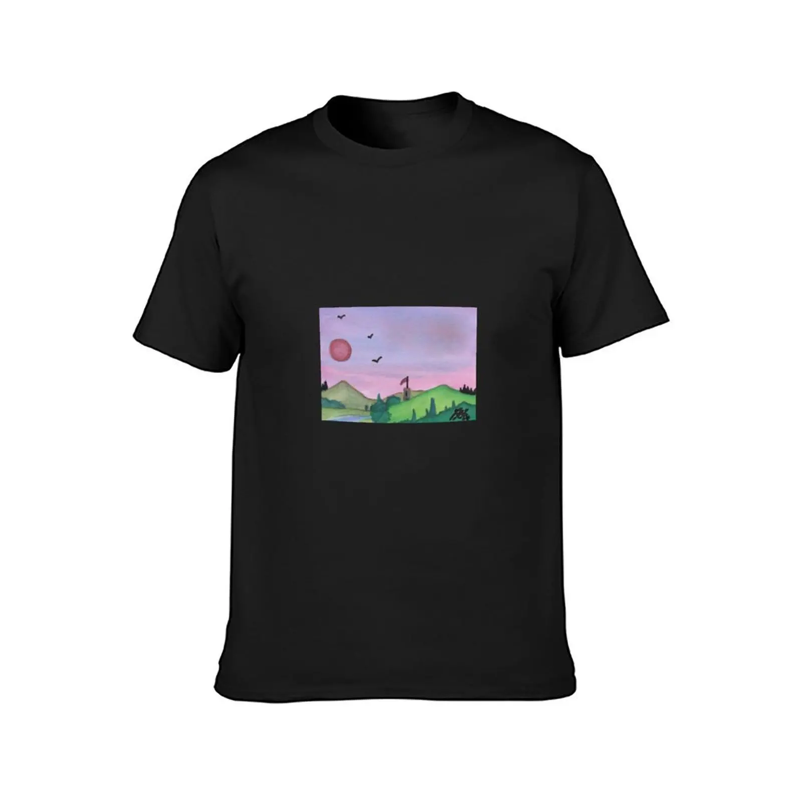 Watercolor Illustration Medieval Tower Nature Sun Sunset Quaint T-Shirt tops oversizeds fitted t shirts for men