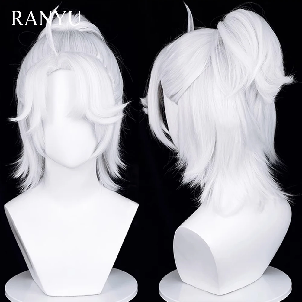 Silvery White Short Straight Synthetic Ponytail Clip Wigs with Bangs Anime Game Cosplay Fluffy Wig for Daily Party