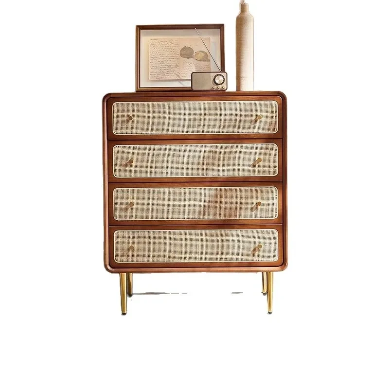 Nordic solid wood three four six chest cabinet, multi-functional bedside table rattan storage cabinet