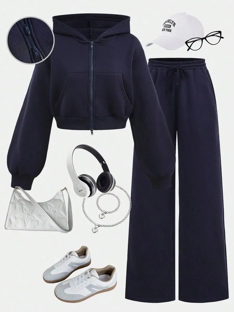 

Комплект из темно-синей толстовки на молнии и широких брюк, повседневный комплект из двух предметов для подростков и женщин