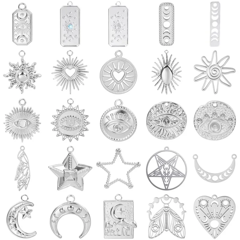 5pcs Bedeltjes Never Fade Heart Sun Moon Star Charms For Jewelry Making Bulk Phase Of The Moon Pentagram Stainless Steel Pendant