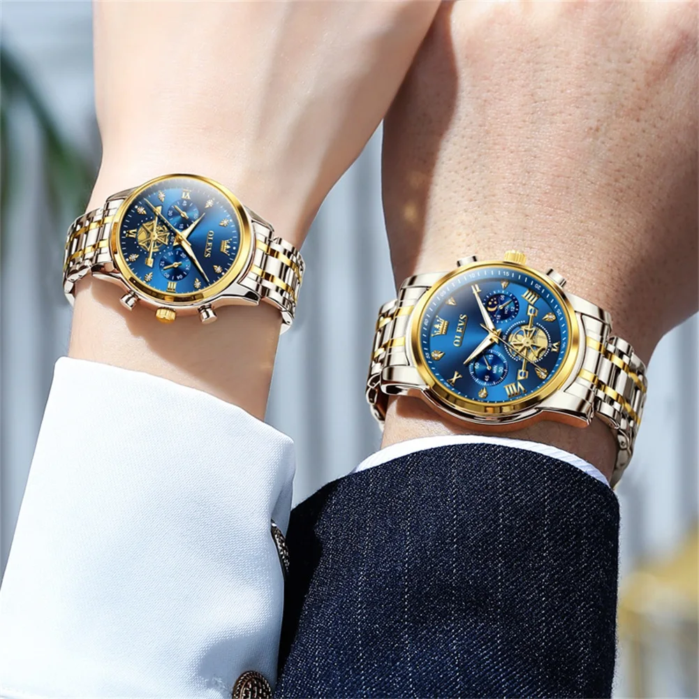 OLEVS Couple Watches Top Brand Trend Fashion Original Quartz Watch for Lover Flywheel Chronograph Waterproof Luminous 2Pcs reloj